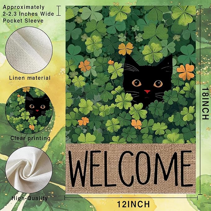 St Patricks cat Garden Flag 12x18 Inch Double Sided Outside Black Cat Welcome Spring Holiday Shamrocks Holiday Yard Outdoor Flag Home Decor