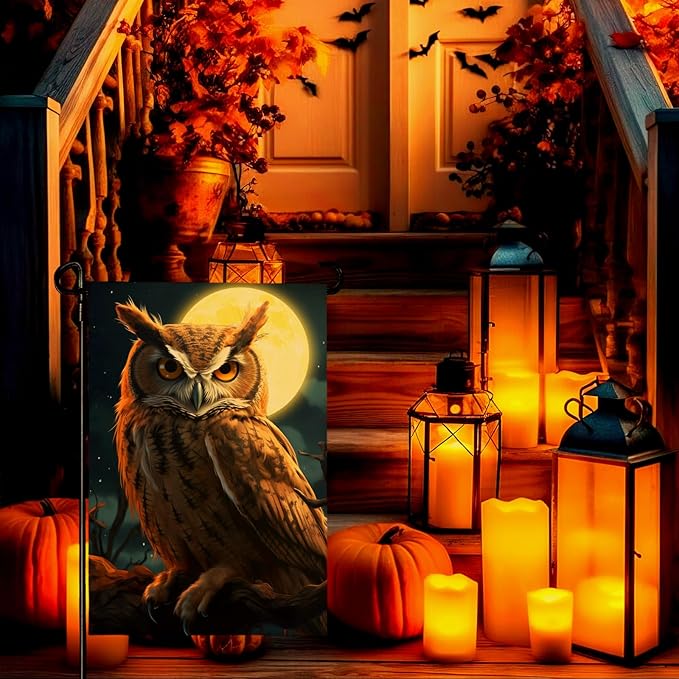 Owl Garden Flags 12x18 Double Sided Fake Owl Decoys to Scare Birds Squirrels Away Polyester Yard Flag Farmhouse Welcome Decoration Banners for Outdoor Yard Lawn Sign Decor