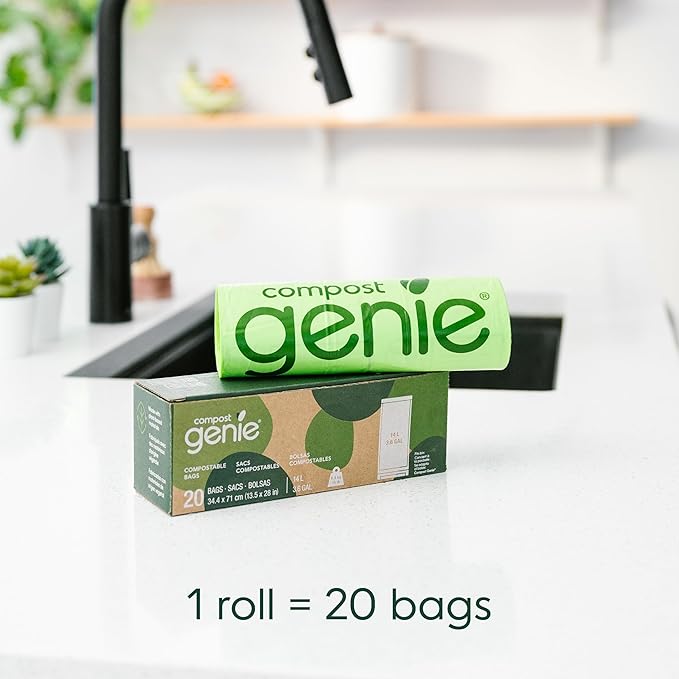 3.6 Gallon Compostable Bags, 20 Count, Sturdy for Food Waste, Compatible with Kitchen Compost Genie Bins, ASTM D6400 Certified