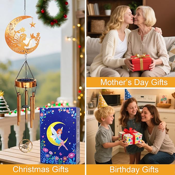 Solar Moon Fairy Wind Chimes, Moon Gifts for Mom Women Men Sympathy Festival Birthday Mothers Day, Hanging Outdoor Decor Cracked Glass Ball Memorial Large Wind Chimes for Garden Patio Porch