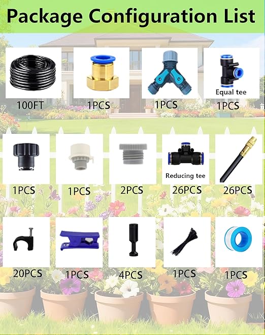 Drip Irrigation System - 360° Adjustable Micro Spray Sprinkler Kit for Garden, Easy Installation No Tools, Fine Mist Watering for Garden Potted Plants, Greenhouse (100 FT)