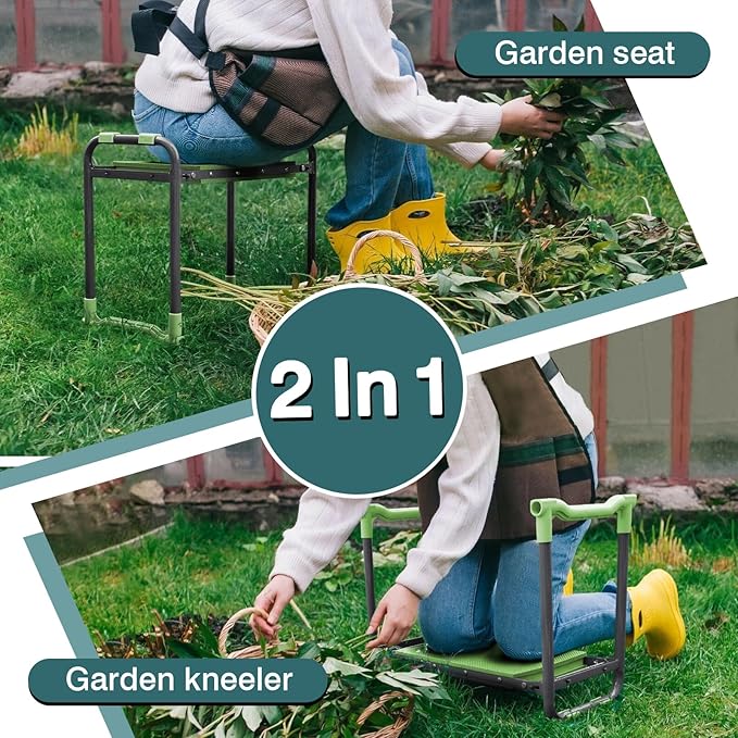 Foldable Garden Kneeler and Seat – 2-in-1 Gardening Stool with a Tool Storage Pouch, Lightweight and Portable for Elderly, Outdoor, Lawn Care (Green)