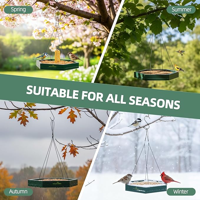 MIXXIDEA Platform Bird Feeder Tray, Hanging Bird Feeders for Outdoors, Wooden Seed Tray Mesh Seed Platform for Garden Yard Outside Decoration Attracting for Wild Birds (2)