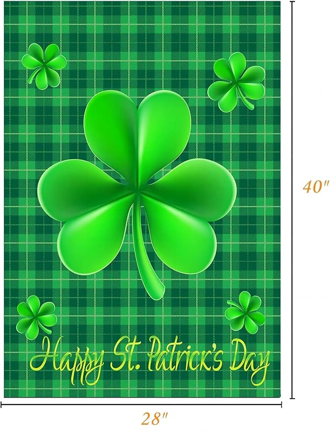 WENWELL St. Patricks Day Garden Flag 28 x 40 Inches Double Sided,Green with Cuff,Happy Saint Patrick's Day Shamrock House Banner for Home,Office,School,Yard,Party Decorations