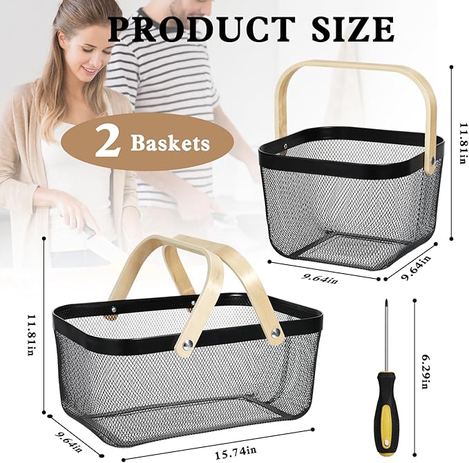 Dualshine 2 Pack Garden Harvest Basket, Metal Mesh Wire Picnic Basket with Handle, Rectangle Garden Baskets for Gathering Vegetables, Fruits, Kitchen, Home Cabinet Closet and Office(Black)