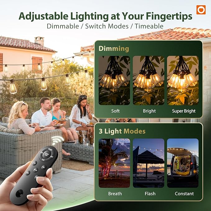 addlon 198FT(192+6) Solar String Lights Outdoor with Remote, Long-Lasting Waterproof Patio Lights, Dimmable & Timable Hanging Solar Light with 60 LED Bulbs for Outside, Yard, Garden, Camping, Gazebo
