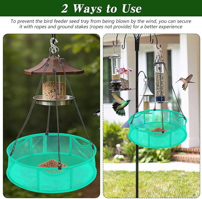 2 Pcs Bird Seed Catcher Trays, 16 Inch Green Spill Guard Platform for Hanging Feeders, Windproof Mesh Seed Hoop with Hooks, Outdoor Feeder Accessory