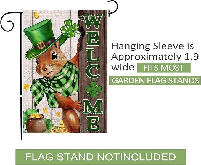 St Patricks Day Garden Flag 12x18 Inch Double Sided Outside, The Squirrel Lucky Shamrock Burlap Garden Flags Decorations, Green Hat with Clovers Gold Coin Pot Outdoor Decor