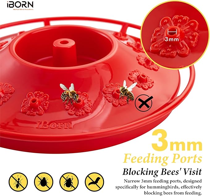 iBorn Hummingbird Feeders for Outdoors Hanging,Bee Proof Hummingbird Feeder with 14 Feeding Ports,13 OZ Saucer Humming Bird Feeders with Ant Moat,Ant Proof No Leak,Easy to Clean and Refill,Red,1 Pack