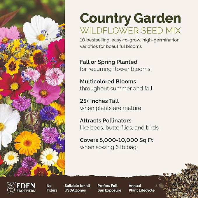 Eden Brothers Country Garden Flower Mixed Seeds for Planting, 5 lb, 2,400,000+ Seeds with Scarlet Flax, Cosmos Sensation | Attracts Pollinators, Plant in Spring or Fall, Zones 3, 4, 5, 6, 7, 8, 9, 10