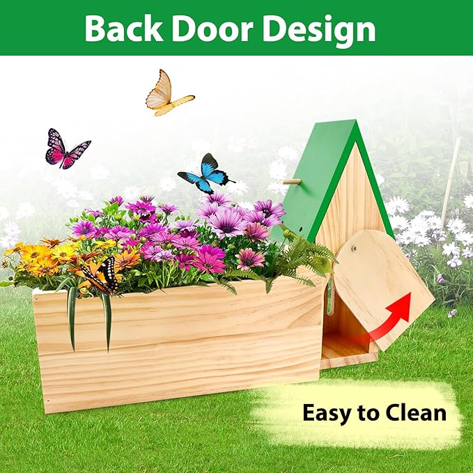 Butterfly House and Feeder with Flower Pot, Wooden Butterfly House for Garden, 3 in 1 with Drainage Holes, Natural Butterfly Habitat for Garden Decoration