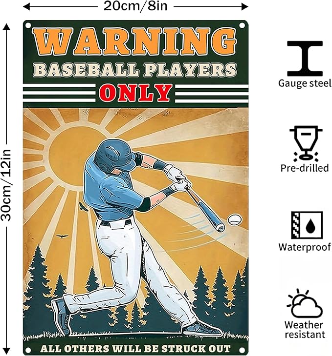 Vintage Baseball Metal Signs-Warning Baseball Players Only Sign,Baseball Gifts for Boys 8-12 Decorations For Bedroom 8x12 Inch
