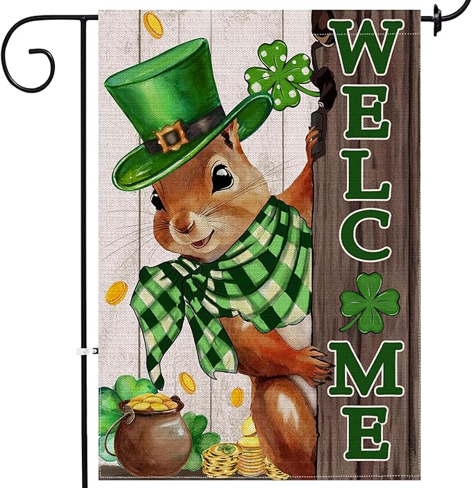 St Patricks Day Garden Flag 12x18 Inch Double Sided Outside, The Squirrel Lucky Shamrock Burlap Garden Flags Decorations, Green Hat with Clovers Gold Coin Pot Outdoor Decor