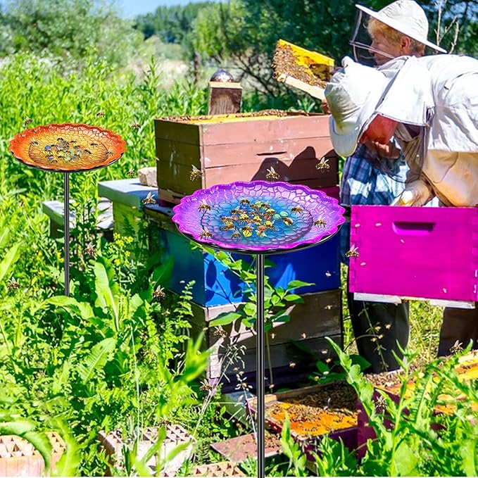 Bee Butterflies Watering Station, Standing Bee Feeder with Glass Marbles for Outside, Bee Bath Feeder with Metal Stakes Butterfly Puddler Garden Yard Déco (Purple)