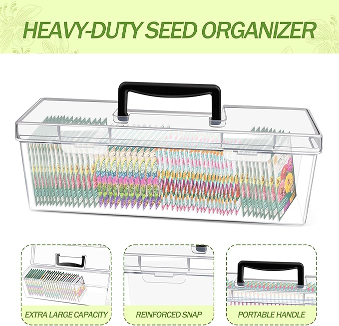 GRETJOB Seed Organizer Storage Box - 2 Pack Clear Plastic Seed Packet Keeper with Secure Lids (14x4.2x4.7in + 11.8x3.7x3.7in)