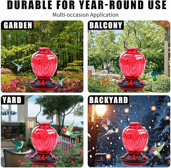 2 Pack Glass Hummingbird Feeder for Outdoors Hanging, 24Ozs Humming Bird Nectar Feeder w/Perch, 5 Flower Feeding Ports, Leak Proof Base and Hook for Outside Garden Backyard Decor, Red