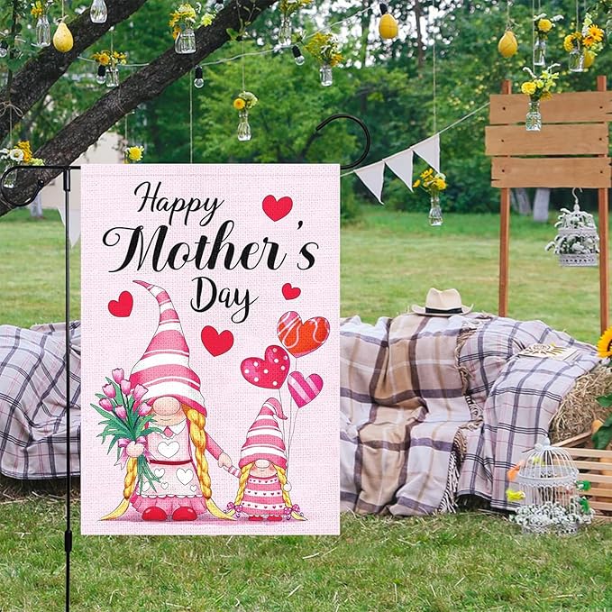 Mother's Day Garden Flag 12x18 Inch - Cute Gnome Mother & Daughter with Tulips & Hearts, Double-Sided Outdoor Decor for Patio Yard Mother's Day Gifts