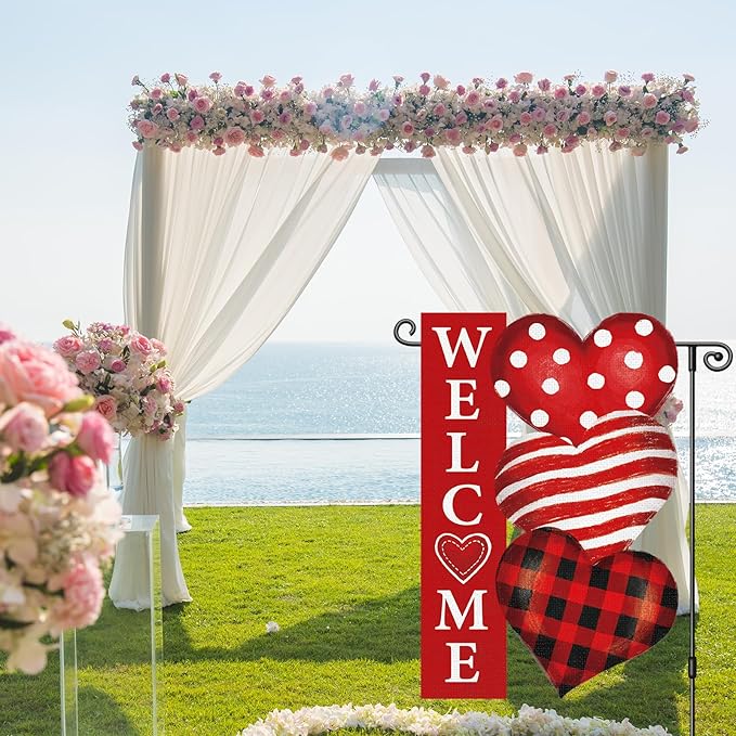 Heyfibro Valentine's Day Garden Flag Valentine Outdoor Decorations Double Sided 12x18inch Love Heart Banner Yard Flags for Outside Anniversary Wedding Party Holiday House Seasonal Decoration