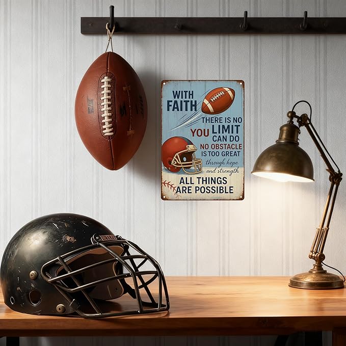 Funny Football Faith Metal Sign – Vintage Christian Sports Wall Art for Locker Room, Bedroom, or Gym – Motivational Football Gift for Athletes, Coaches, and Football Fans (FOOTBALL)