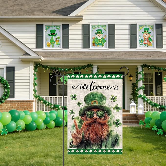 St Patricks Day Garden Flag - Leprechaun Shamrocks Green St Patricks Burlap Double Sided Holiday Flags Decorations for Yard lawn Outside Outdoor 12.5 x 18 Inch