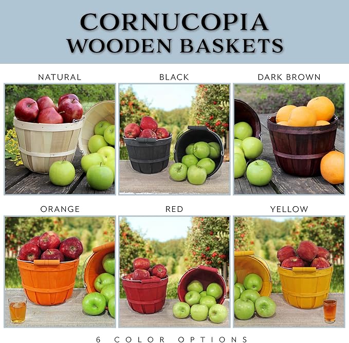 Cornucopia Brands Round Wooden Baskets (2-Pack, Gold); Wood Fruit Buckets w/Handle, 4-Quart Capacity; 6.1 Inch Tall by 8 Inch Diameter