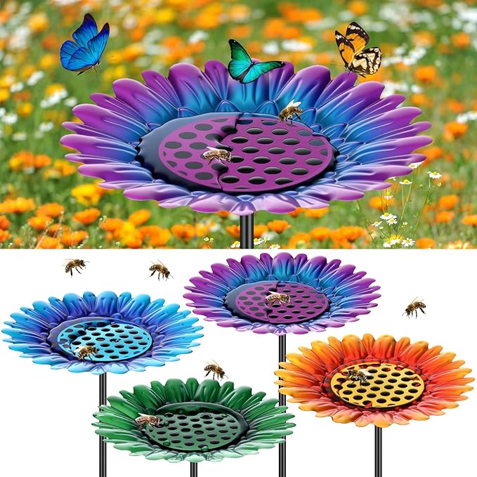 4 Pack Large Bee Watering Station 8.8'' for Bee Garden Anti Drowning Metal Pollinator Water Feeder Flower Butterfly Bath Bowl Colorful Bird Gardening Decoration, Rust Proof