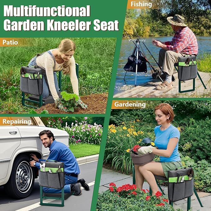 seasky Foldable Garden Kneeler and Seat, Anti-Tipping Gardening Bench Widened Thick Soft Kneeling Pad，Heavy Duty Gardening Stool with Garden Tool Bag, Gardening Gift for Women(Without Gloves)