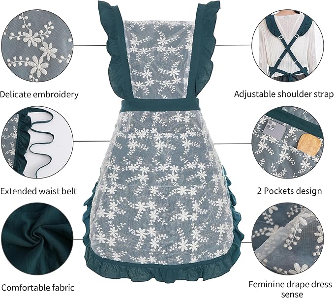 Vintage Pinafore Apron Dress for Women with Pockets Cute Floral Chef Aprons for Kitchen Cooking Baking Gardening