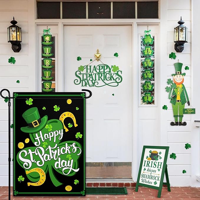 St Patrick'S Day Double Sided Garden Flags 12×18 Happy Shamrocks Garden Flag Clover Hat Gold Coins Flag for Outside Yard House Lawn Outdoor Holiday Sign Decor