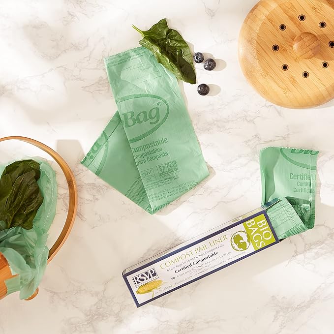 RSVP International Kitchen Collection Compost Pail, 1 Gallon Compostable Bags, Green