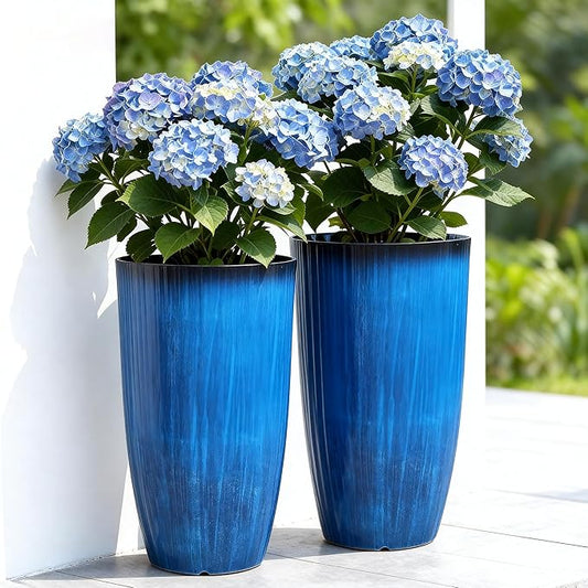 23.8" Tall Planters Large Set of 2 Plant Pots Plastic Flower Pots Outdoor Artistic Floating Cobalt Blue Glaze, UV-Protect & Lightweight PP Container for Garden, Patio, Deck, Porch, Indoor
