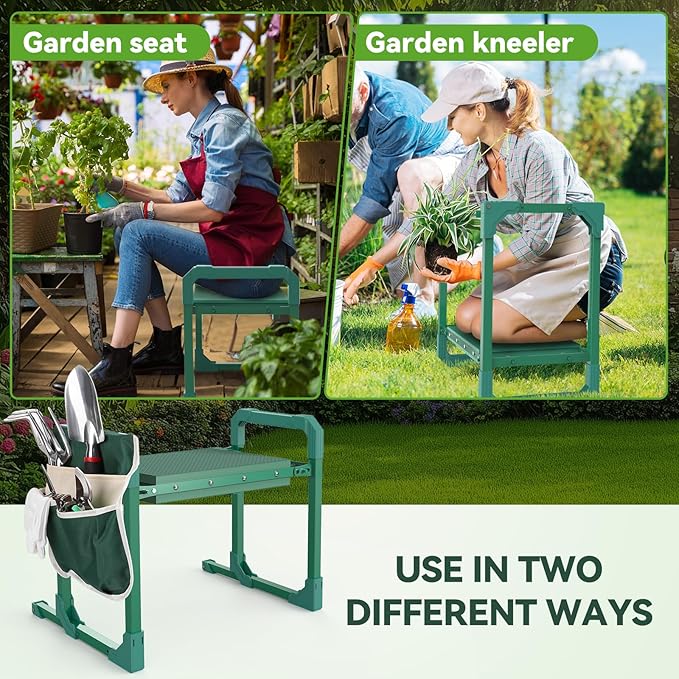 Garden Kneeler and Seat with Anti-Tipping Design, 2-in-1 Heavy Duty Foldable Gardening Stool, Thick Soft Kneeling Pad, 2 Tool Pouches, 400 lbs - Perfect Gardening Gift for Women, Men, Seniors (Green)