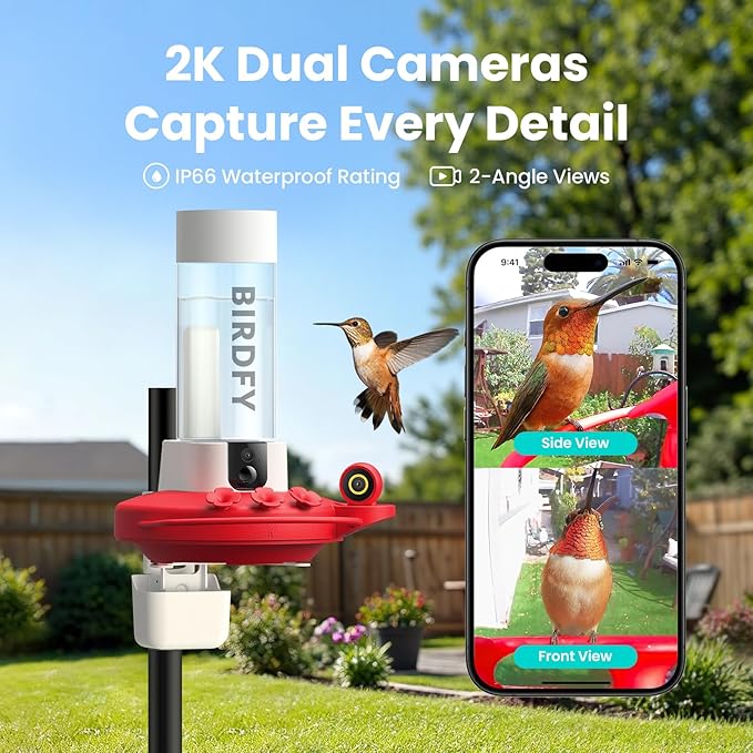 Birdfy Hummingbird Feeder with Dual Cameras - 2K HD Smart Cameras Solar Powered, Close-Up Bird Video/Live Watching & Instant Notifications, Ant Moat & Leakproof - 20oz (AI Lifetime)