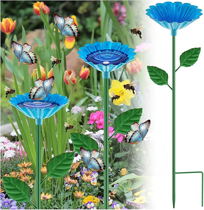 Tandefio 1 Pcs Bee Bath Watering Station, 25 x 2.6 Inch, Metal Flower Bee Feeder for Garden, Colorful Butterfly Feeder & Outdoor Pollinator Station for Birds, Bees & Butterflies(Blue)