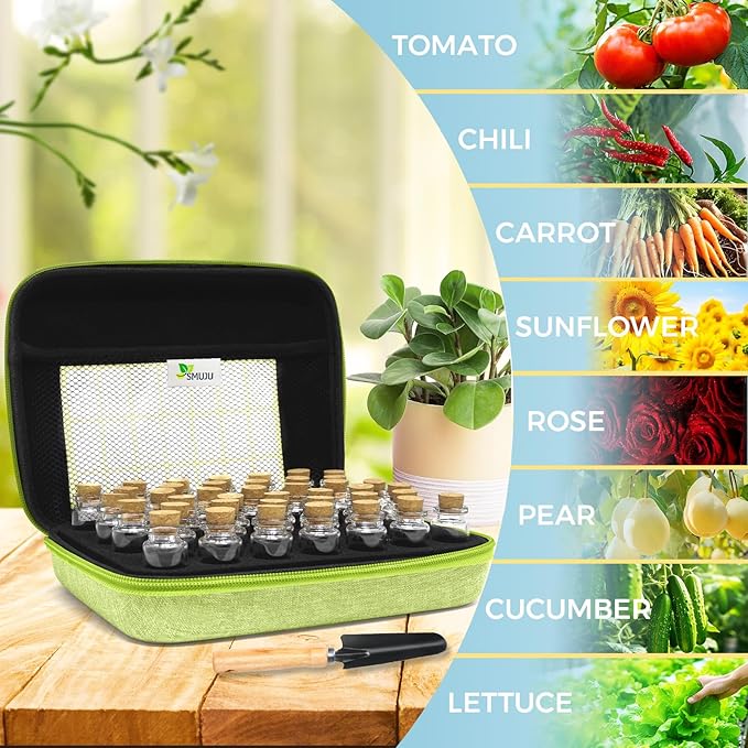 40 Slots Seed Storage Organizer with 20 Seed Envelopes, Sturdy Organizer Storage Box with Label Stickers, Glass Container for Flower Vegetable Garden Seed Saving (Seeds not Included)