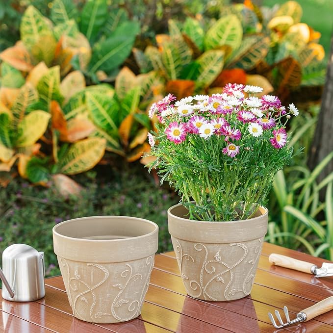 Melphoe Plant Pots Indoor with Drainage & Saucer, 2Pack 7 inch Flower Pots Outdoor Planters for Indoor Plants Garden Home Decor Cactus Succulent, Rigid Plastic (Imitation-Terracotta) Vine-Embossed