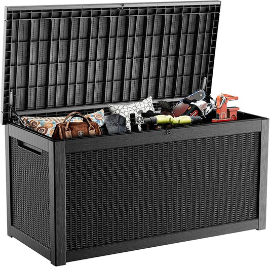 320 Gallon Resin Deck Box, Lockable Weatherproof Outdoor Storage Box for Furniture, Garden Tools and Tools Storage, Waterproof Outside Storage Boxes - Black