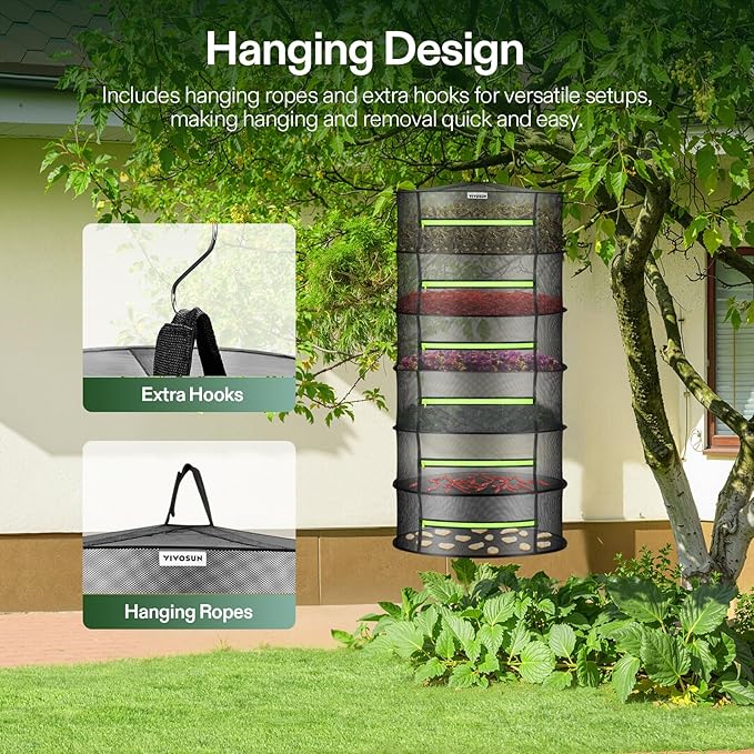 VIVOSUN 4-Pack 6-Layer Mesh Drying Rack Hanging Design with Green Zippers for Dehydrating, Indoor and Outdoor (Pruning Shears Included)