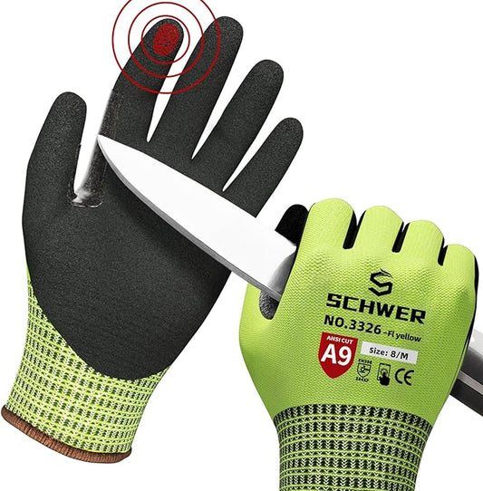 Schwer ProGuard Highest Level Cut Resistant Work Gloves PR3326 for Extreme Protection，ANSI A9 Cut Gloves with Reinforced Thumb, Non Slip, Breathable, Durable, Touch-screen, Yellow 1 Pair（M）