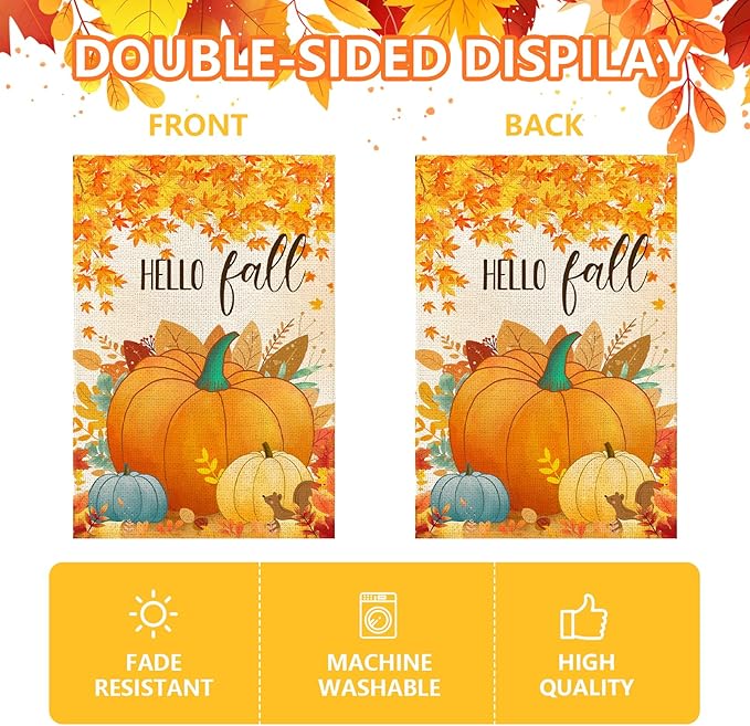 Hello Fall Pumpkin Leaf Garden Flag 12x18 Inch, Double Sided Autumn Thanksgiving Holiday Burlap Yard Flag for Outdoor Decoration