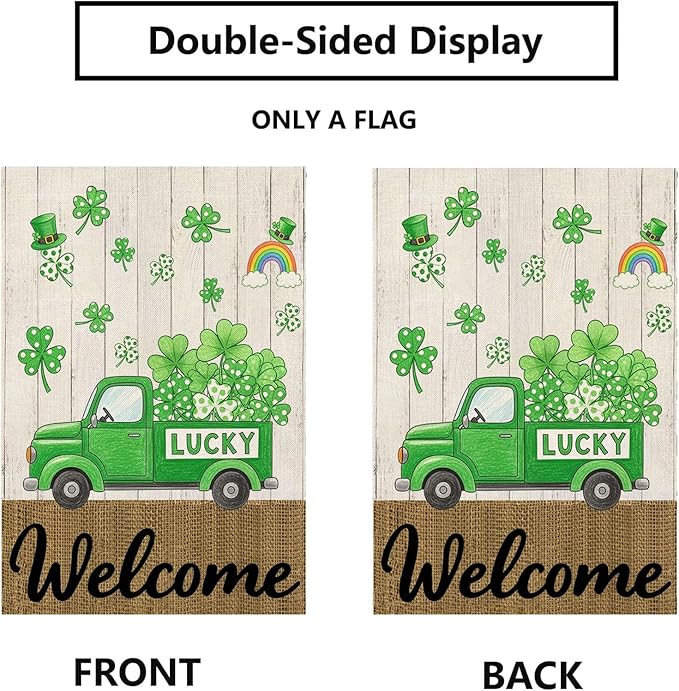 St Patricks Day Garden Flag 12x18 Inch Double Sided Outside Shamrocks Clovers Lucky Truck Welcome Yard Holiday Outdoor Decorations