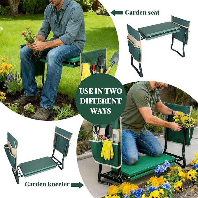 Upgraded Garden Kneeler and Seat with Thicken & Widen Soft Kneeling Pad,Heavy Duty Gardening bench kneeler and seat Foldable Gardening Stool with 2 Tool Pouches，Gifts for Women, Seniors, Mom & Dad