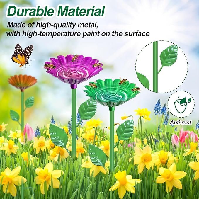 4 Pack Bee Watering Station for Garden with Floating Flowers Butterfly Bee Feeder for Outside Outdoors Metal Bee Water Bath Station Stakes Walkways for Bees Garden Thirsty Pollinators