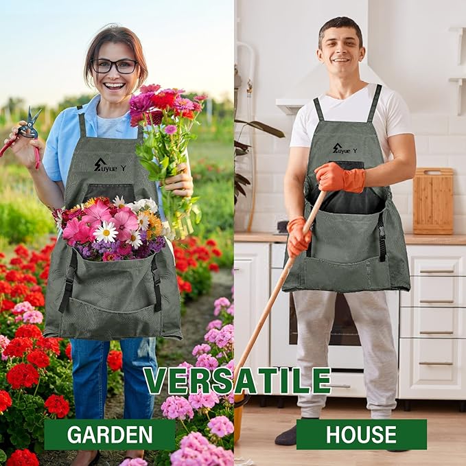 Garden Apron, Gardening Apron with Pockets for Women Men, Canvas Cross Back Harvest Aprons with & Internal Drawstring Bag