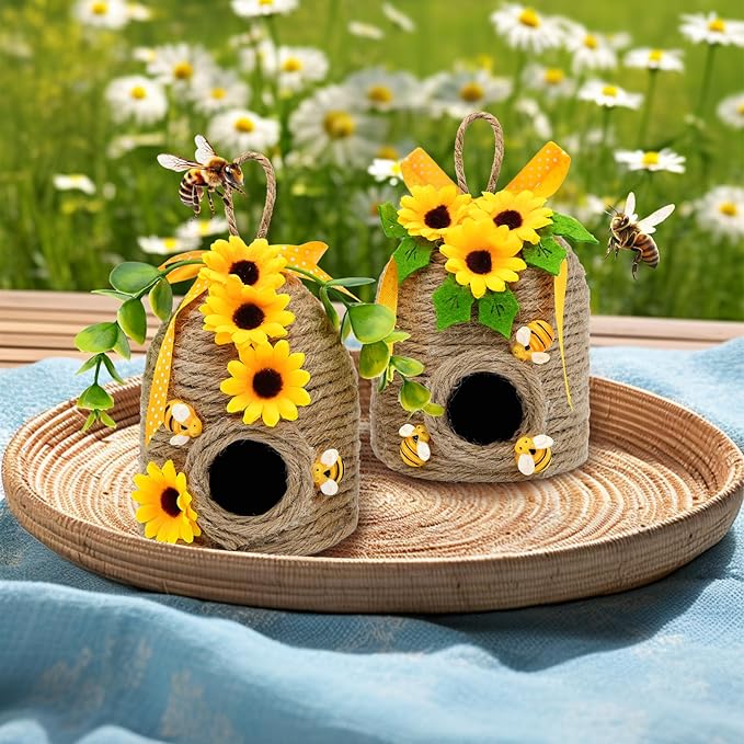 Sunflowers Bee Hive Decor, 2 Pack Farmhouse Honey Comb Bee House Decorations, Spring Summer Rustic Sunflowers Bees Themed Decorations for Home, Farmhouse Bees Kitchen Table Tiered Tray Decor