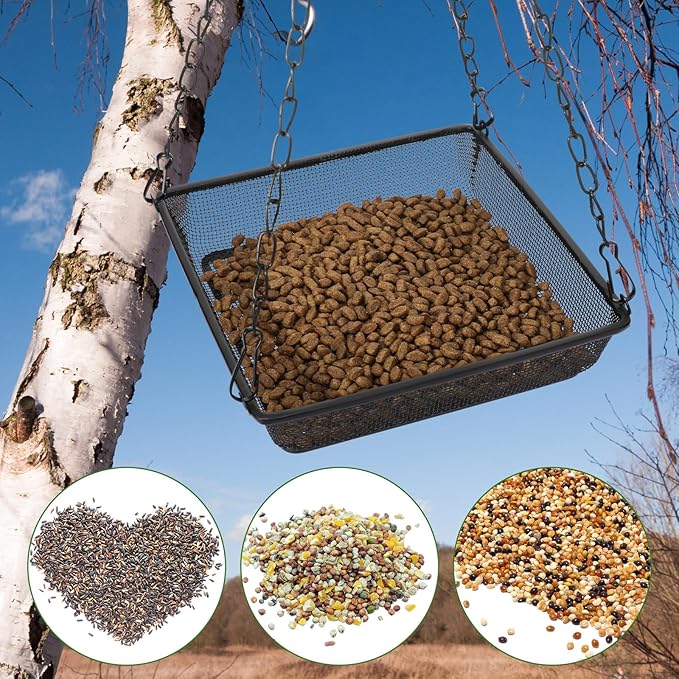 4 Pieces Hanging Bird Feeder Tray Platform Metal Mesh Feeder Seed Platform for Bird Feeding Outside Outdoors Wild House Hanging for Attracting Birds, Black(Square)
