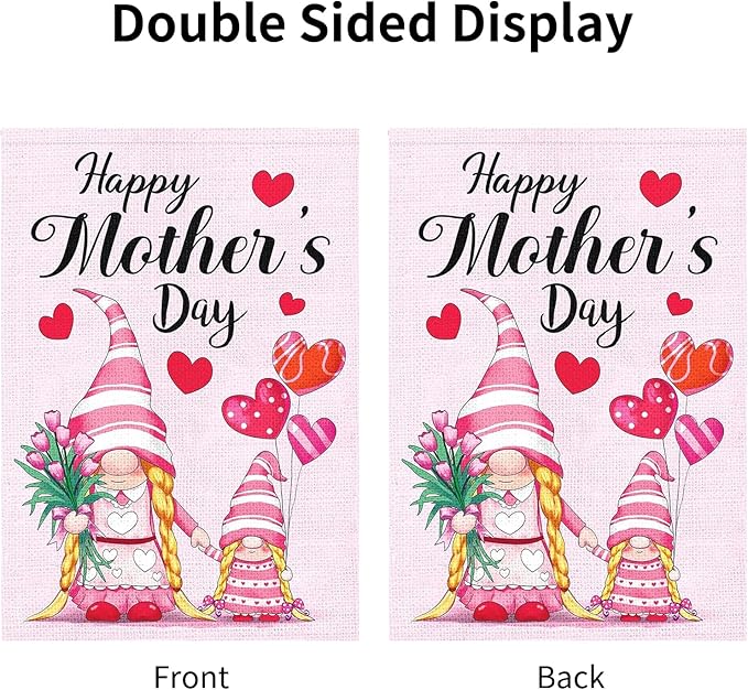 Mother's Day Garden Flag 12x18 Inch - Cute Gnome Mother & Daughter with Tulips & Hearts, Double-Sided Outdoor Decor for Patio Yard Mother's Day Gifts