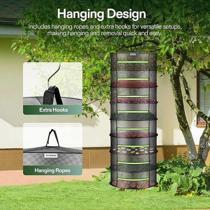 VIVOSUN 4-Pack 8-Layer Mesh Drying Rack Hanging Design with Green Zippers for Dehydrating, Indoor and Outdoor (Pruning Shears Included)