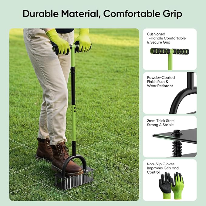 Lawn Aerator Manual Aerator Lawn Tool with 16 Spikes, Metal Grass Aerator for Yard, Lawn Aeration, Automatic Soil Ejection, Pre-Assembled Lawn Aerator Tool (Black Green)