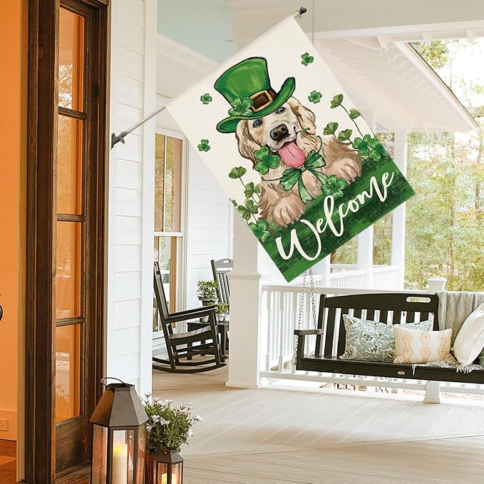 AVOIN colorlife St Patricks Day Green Hat Dog House Flag 28x40 Inch Double Sided, Lucky Shamrock 17 March Welcome Yard Outdoor Flag